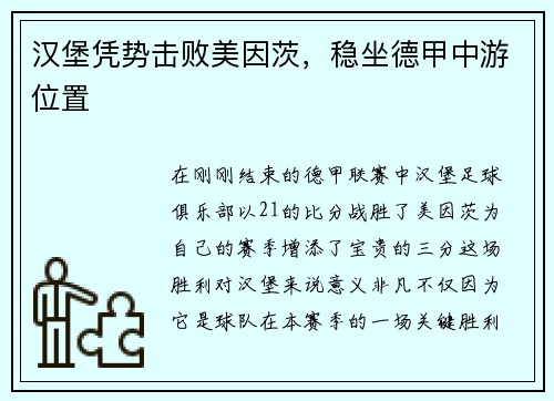 汉堡凭势击败美因茨，稳坐德甲中游位置