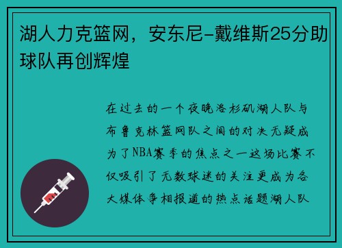 湖人力克篮网，安东尼-戴维斯25分助球队再创辉煌